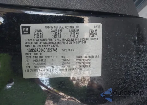 2012 Chevrolet Tahoe Ls z USA, uszkodzony, nr VIN 1GNSCAE04CR227746